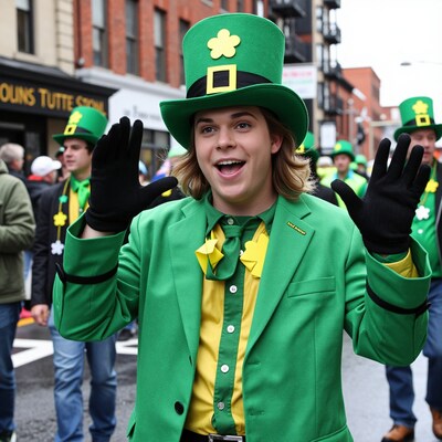 Man in green leprechaun hat waving