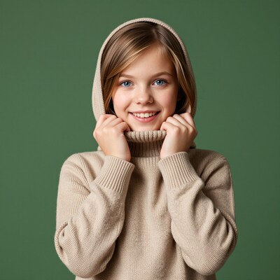 Smiling girl in beige hoodie