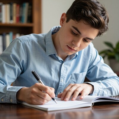 Young man writing in notebook