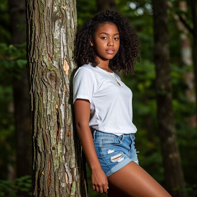 Young Black Woman Leaning on Tree