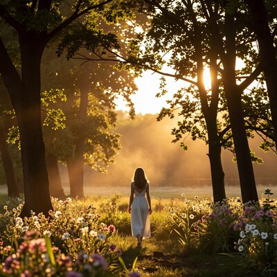 Woman walking in sunrise forest