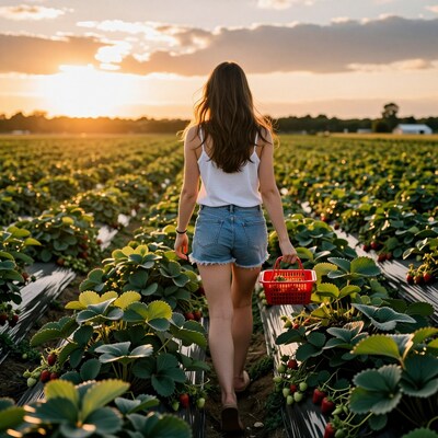 Woman picking strawberries at sunset