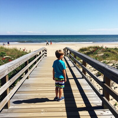 Boy on Beach Boardwalk