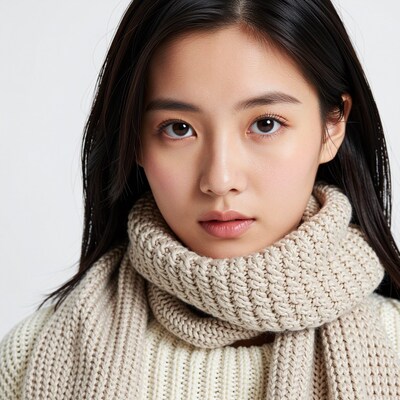 Young Asian Woman in Beige Knit Scarf