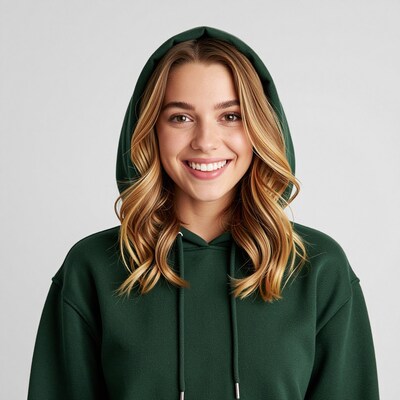 Smiling woman in green hoodie