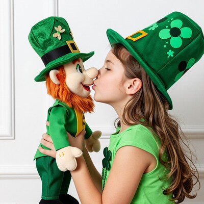 Girl kissing leprechaun puppet