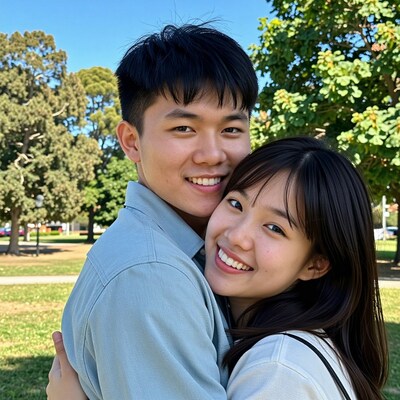 Young Asian couple hugging in park