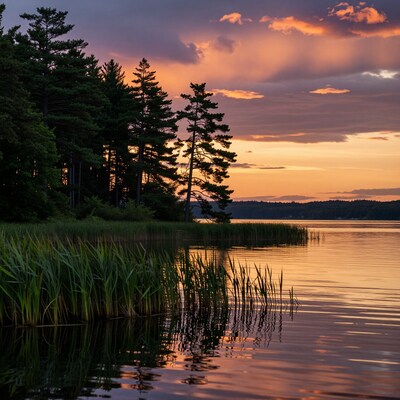Lakeside Sunset Over Pine Forest