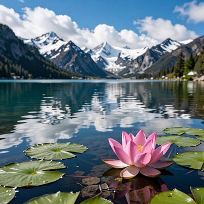 Pink Lotus on Mountain Lake