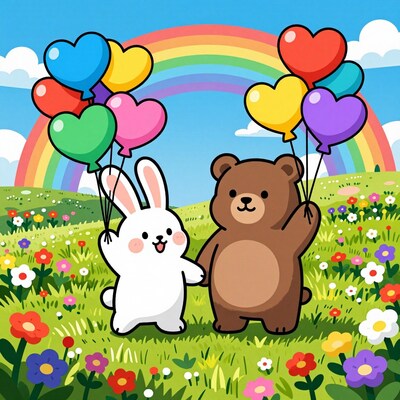 Cartoon Bunny and Bear with Balloons