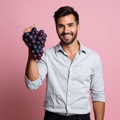Man holding bunch of grapes