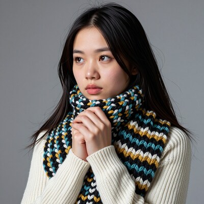 Asian woman in knitted scarf