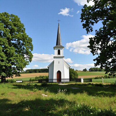 White wooden church in rural field