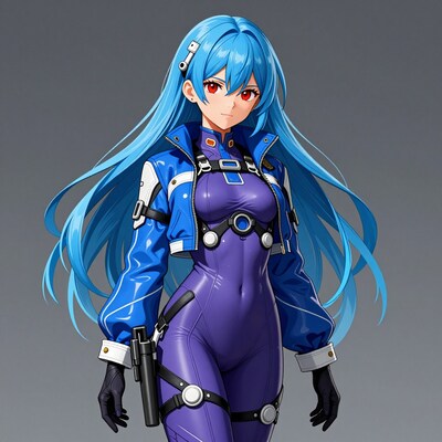 Blue-haired anime girl in purple bodysuit