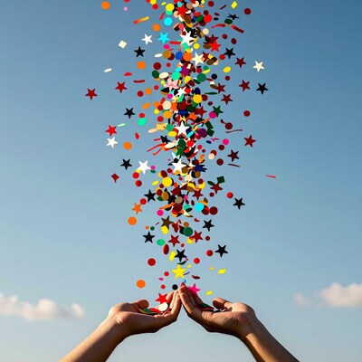 Hands releasing colorful confetti