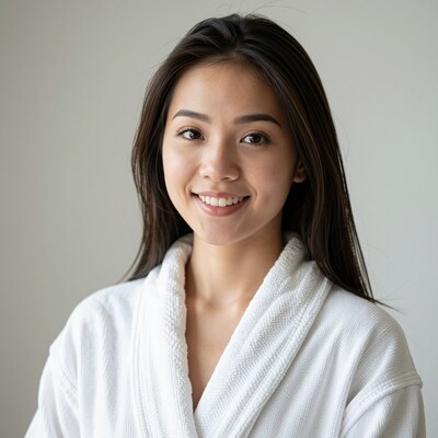 Smiling Asian woman in white bathrobe
