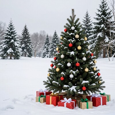 Christmas Tree in Snowy Forest