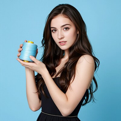 Woman holding blue thread spool
