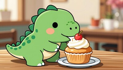 Cute Green Dinosaur Eating Cupcake
