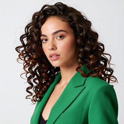 Woman with curly brown hair in green blazer