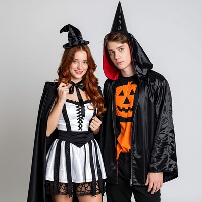 Halloween couple in witch and wizard costumes