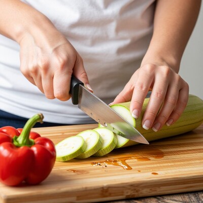 Woman slicing zucchini on cutting board