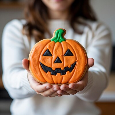 Woman holding Halloween pumpkin cookie