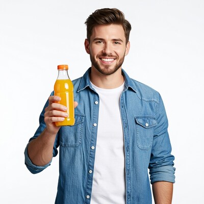 Man holding orange juice bottle