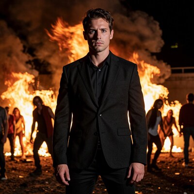 Man in suit amid fiery chaos