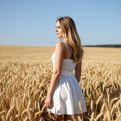 Blonde woman in white dress in wheat field