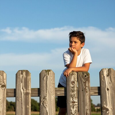 Boy leaning on wooden fence