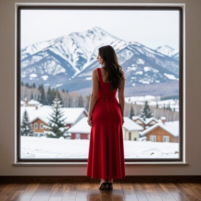 Woman in red dress by snowy mountain window