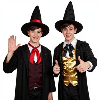 Two young men in wizard costumes