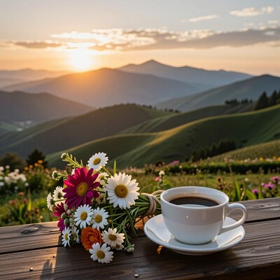 Coffee and flowers at mountain sunrise