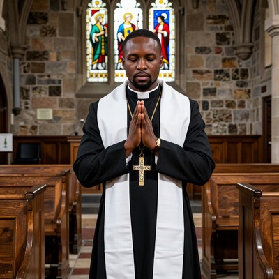 Black Priest Praying in Church
