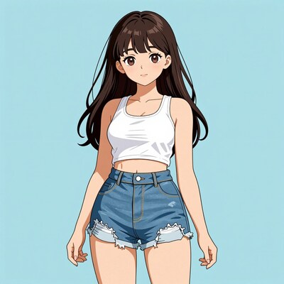 Anime girl in denim shorts