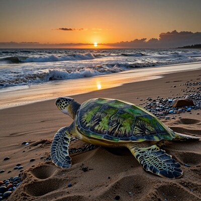 Sea Turtle on Beach at Sunset