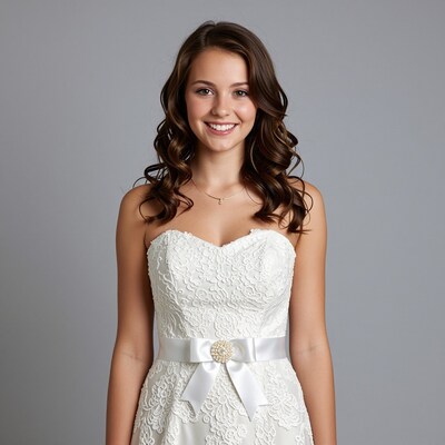 Smiling Bride in White Lace Wedding Dress