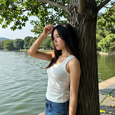 Young Asian woman by lake