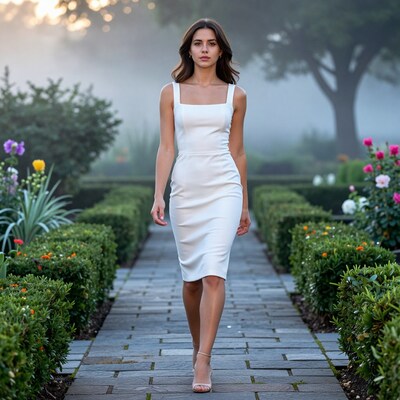 Woman in white dress walking in misty garden