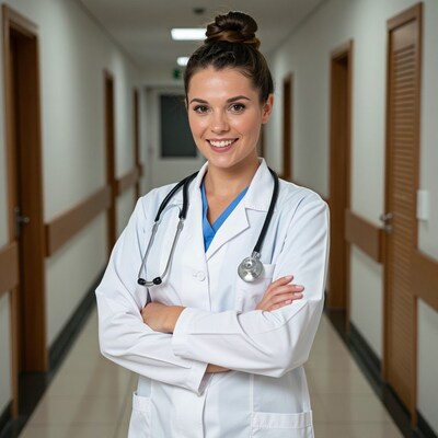 Smiling female doctor in hospital hallway
