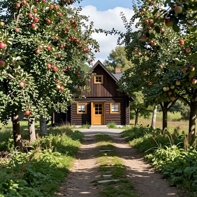 Log cabin in apple orchard
