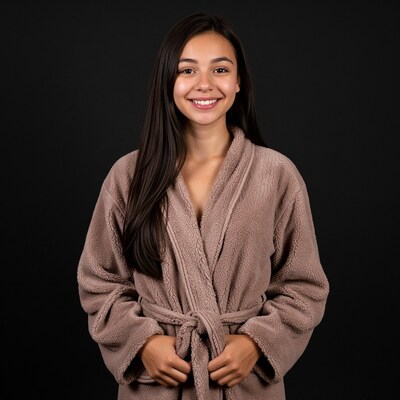 Smiling woman in beige bathrobe