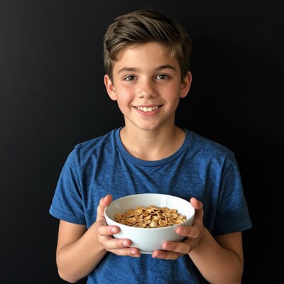 Boy holding cereal bowl