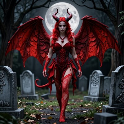 Red Demon Woman in Graveyard