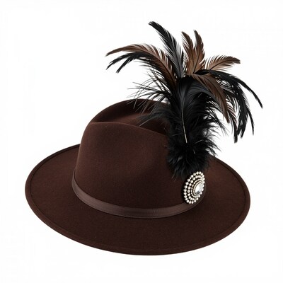 Brown Fedora Hat with Feathers