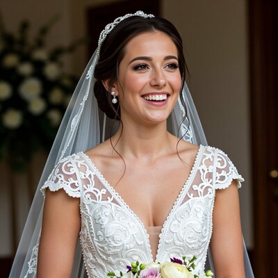 Smiling Bride in White Lace Wedding Dress