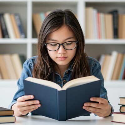 Asian girl reading book in library