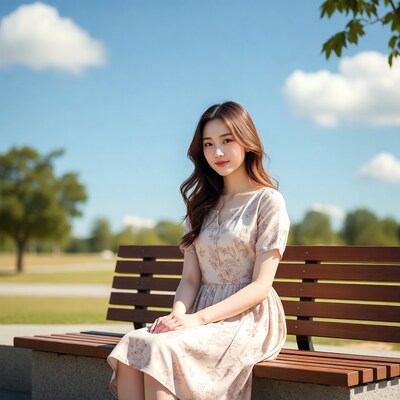 Young Asian woman on park bench