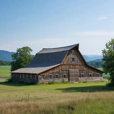 Wooden Barn in Green Field
